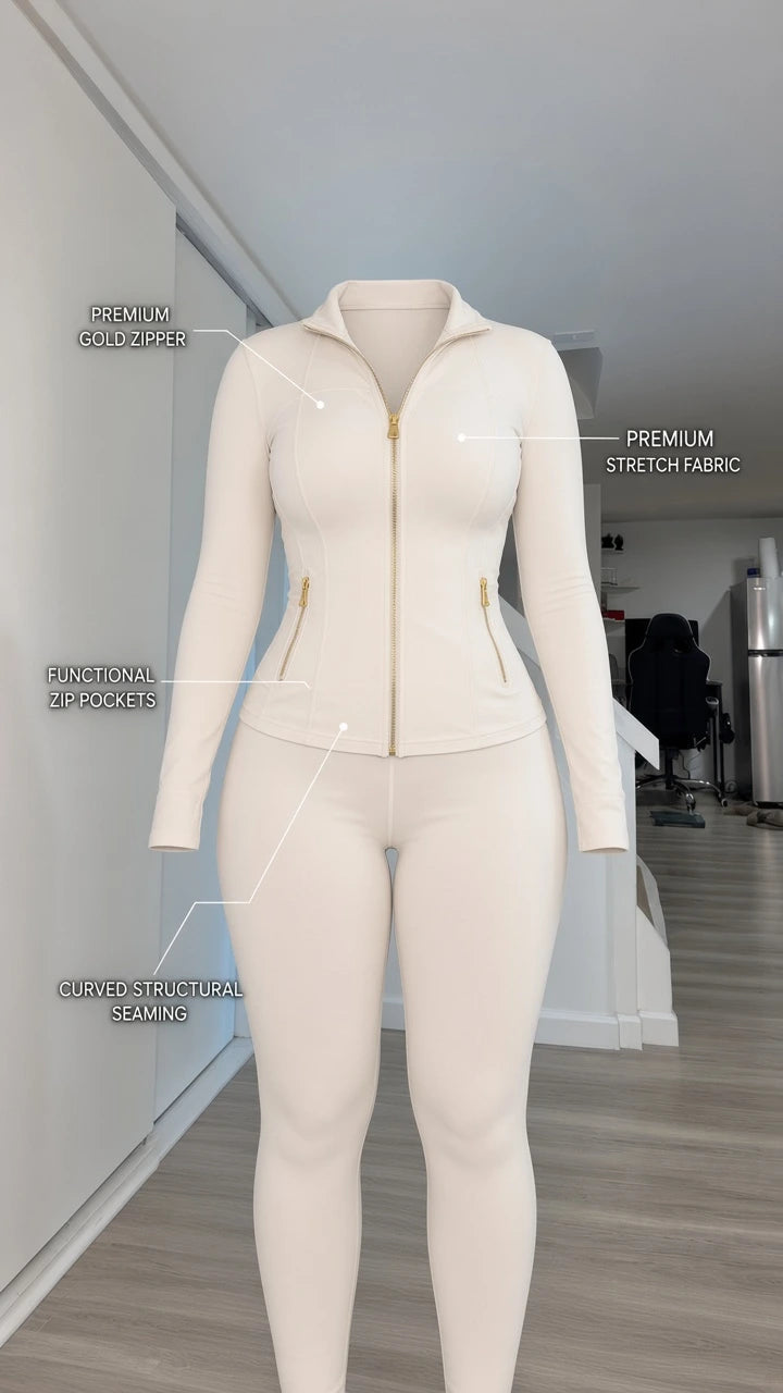 Product diagram highlighting gold zipper, functional zip pockets, and structural seaming on cream tracksuit set
