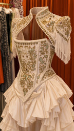 Close-up detail of embroidered corset bodice, high neck cutout, and fringe trim in ivory