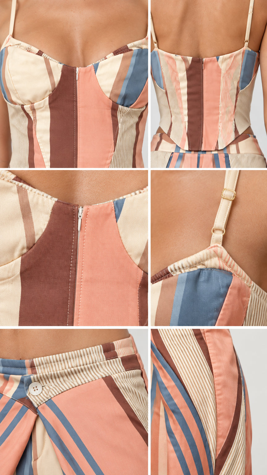 Detailed close-up collage of neckline, back zipper, adjustable strap, and draped waistband details