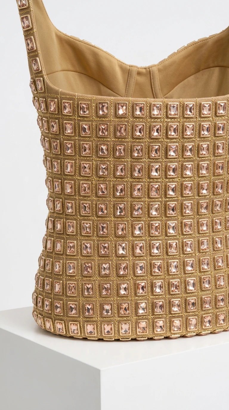 Close-up detail of structured bodice and square grid sequin embellishments