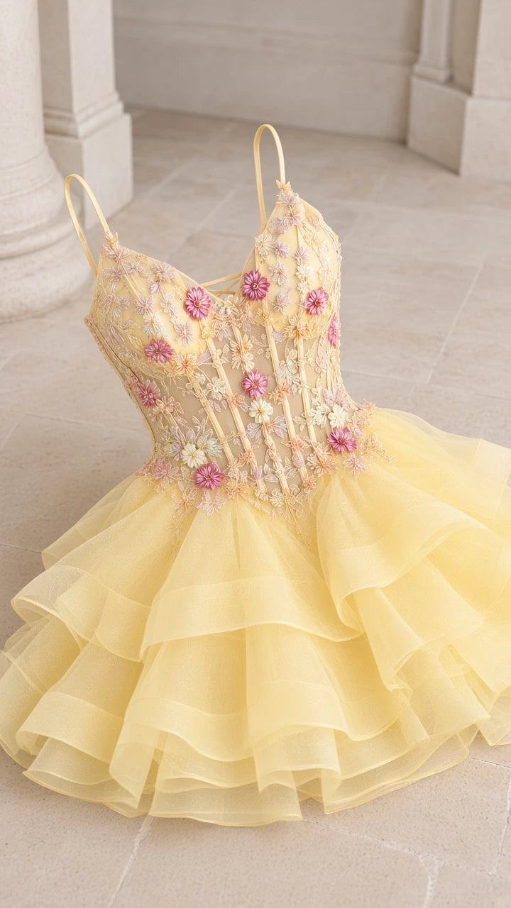 Detailed flat lay of the yellow floral embroidered boned bodice and tiered ruffle skirt