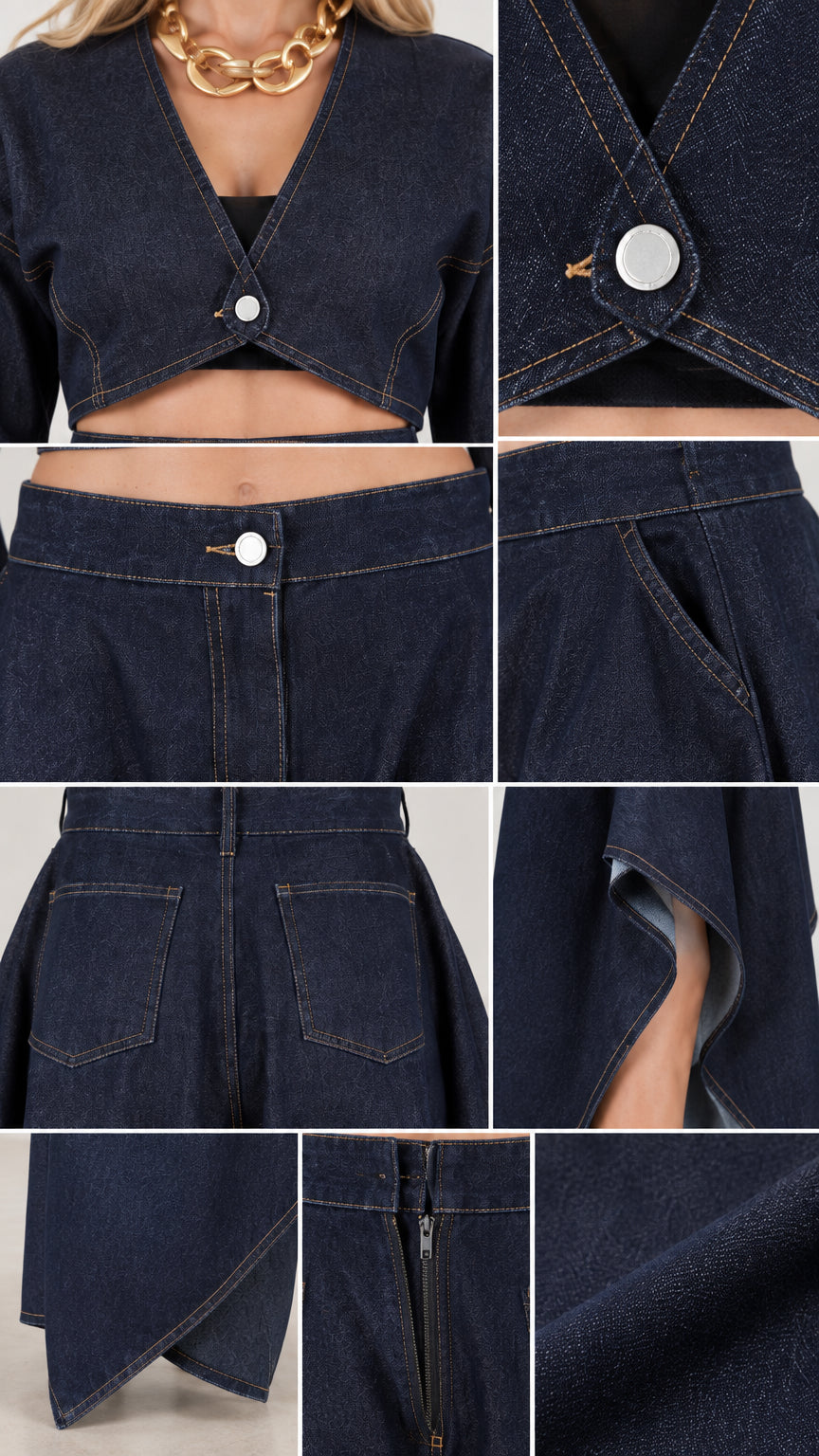 Close-up details of dark blue fabric, silver buttons, zipper fly, contrast stitching, and pockets