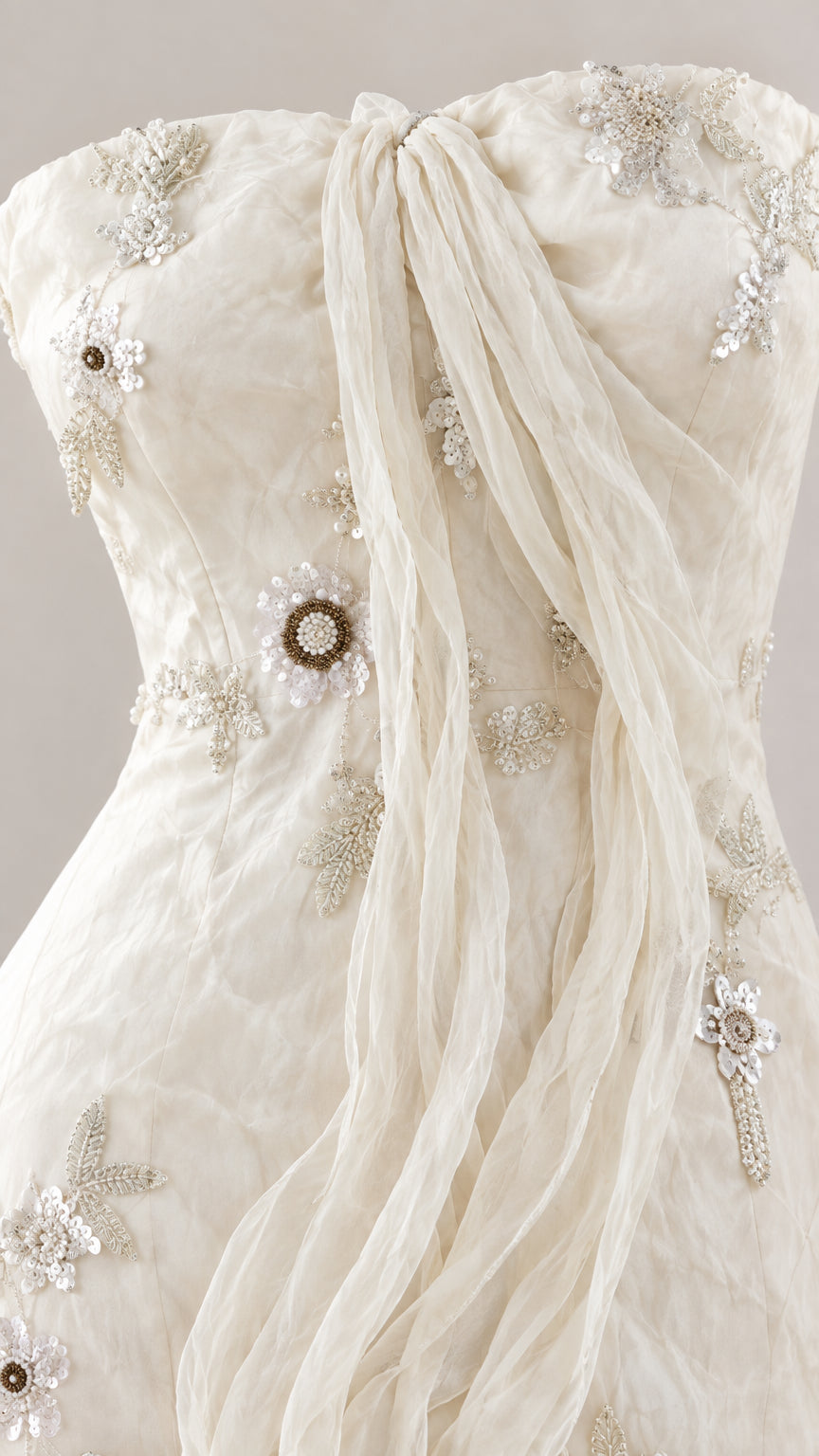 Close-up detail of bodice showing gathered draped fabric and floral bead embroidery