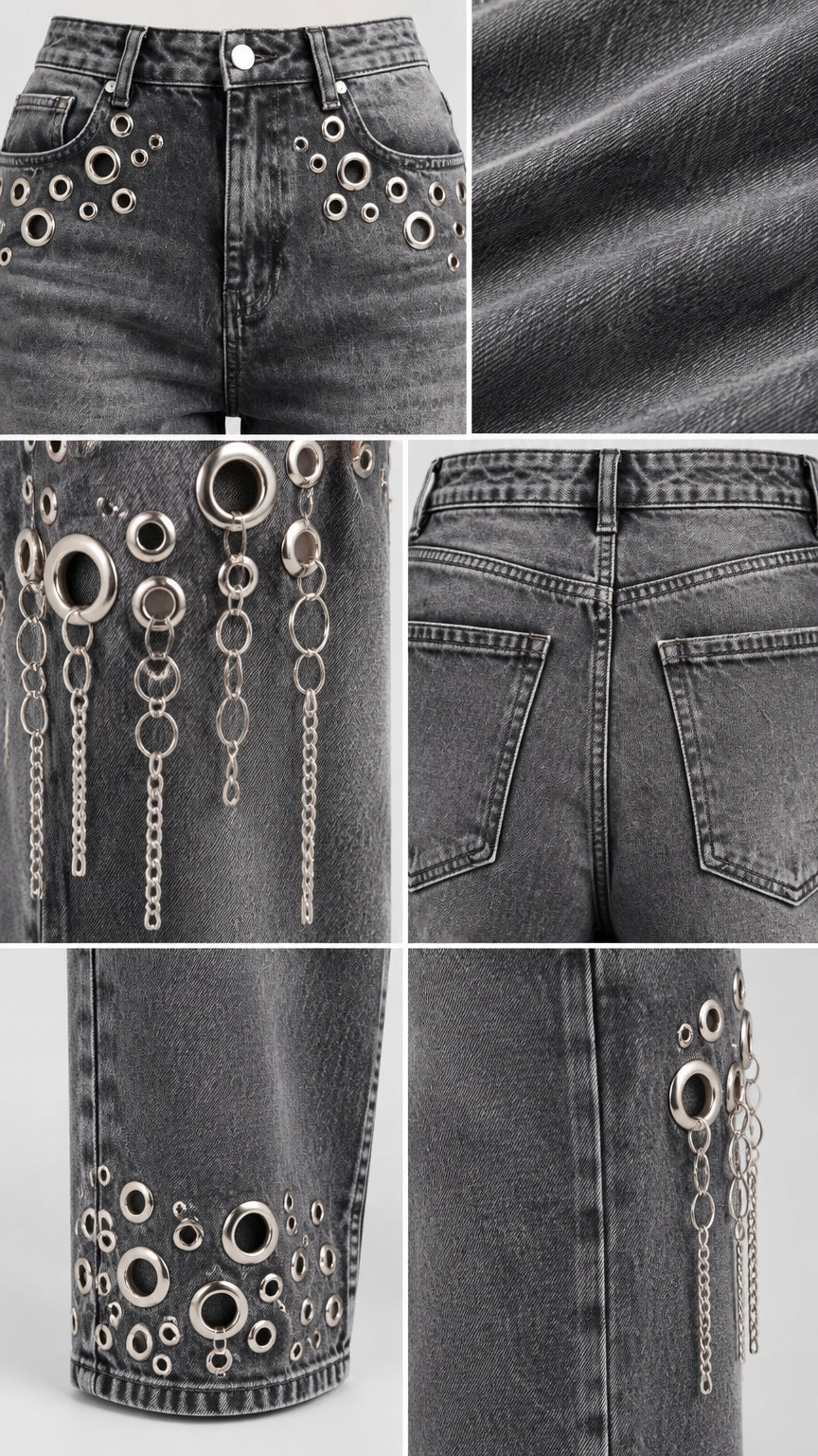 Close-up detail collage showing denim fabric, waist grommets, chain fringe, and hem hardware