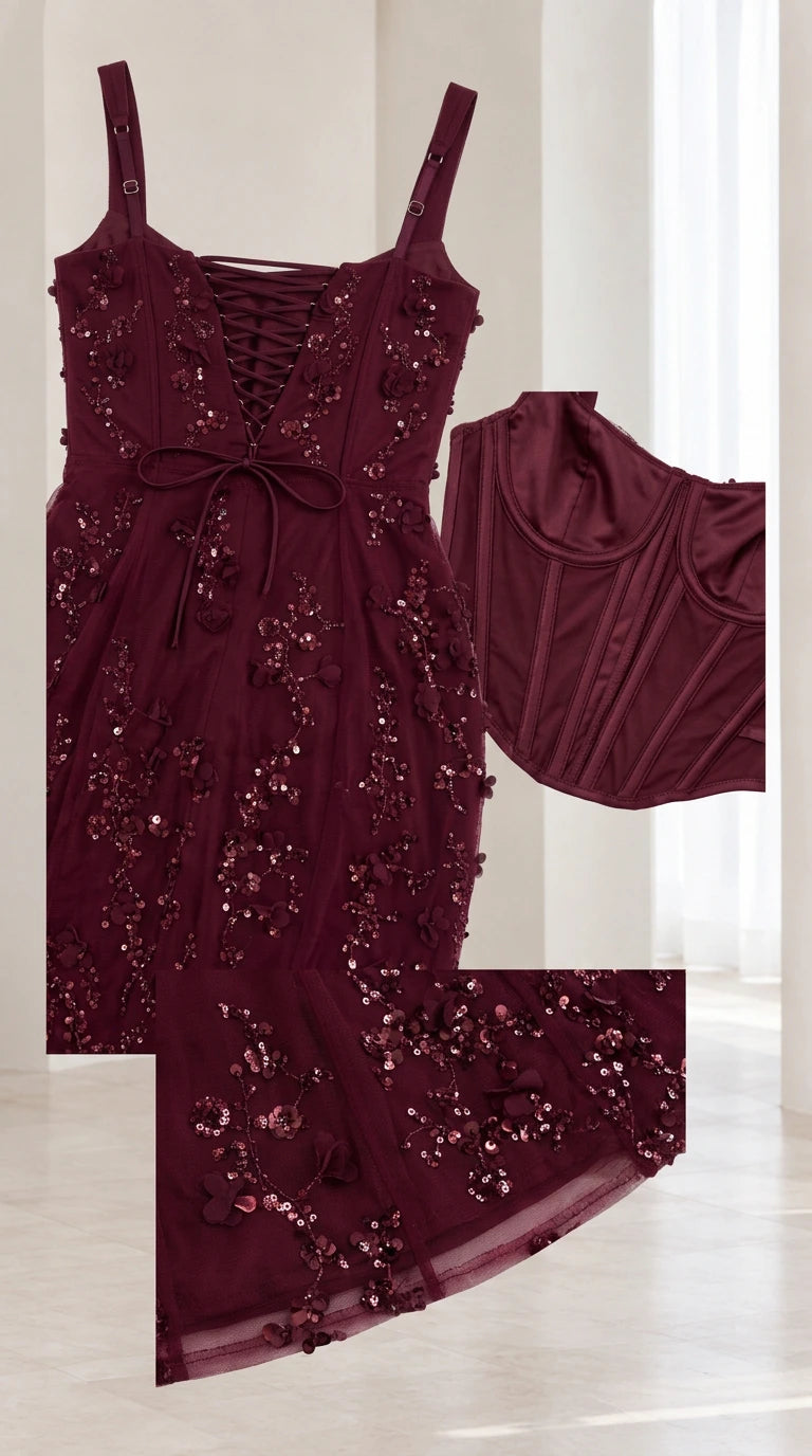 Detailed flat lay showing corset boning structure and sequined floral mesh fabric in burgundy