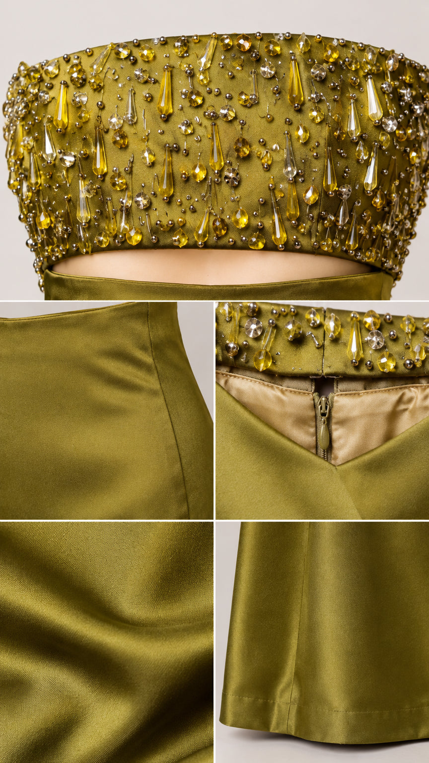 Close-up details of intricate crystal beadwork, satin fabric, and back zip construction