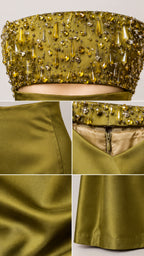 Close-up details of intricate crystal beadwork, satin fabric, and back zip construction