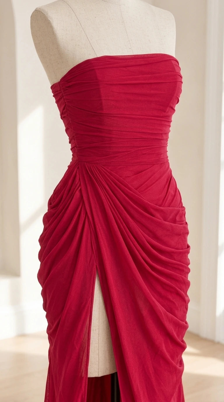 Close-up mannequin view showing the gathered ruching and high slit on magenta strapless gown