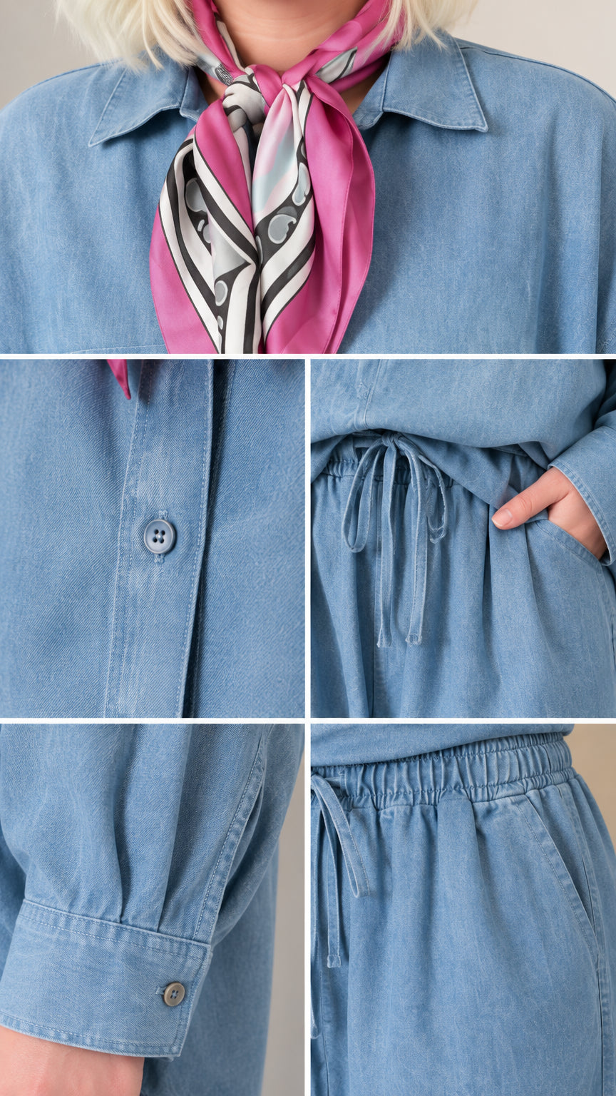 Close-up detail collage of Light Blue collar, button front, wrist cuffs, and elastic drawstring pockets