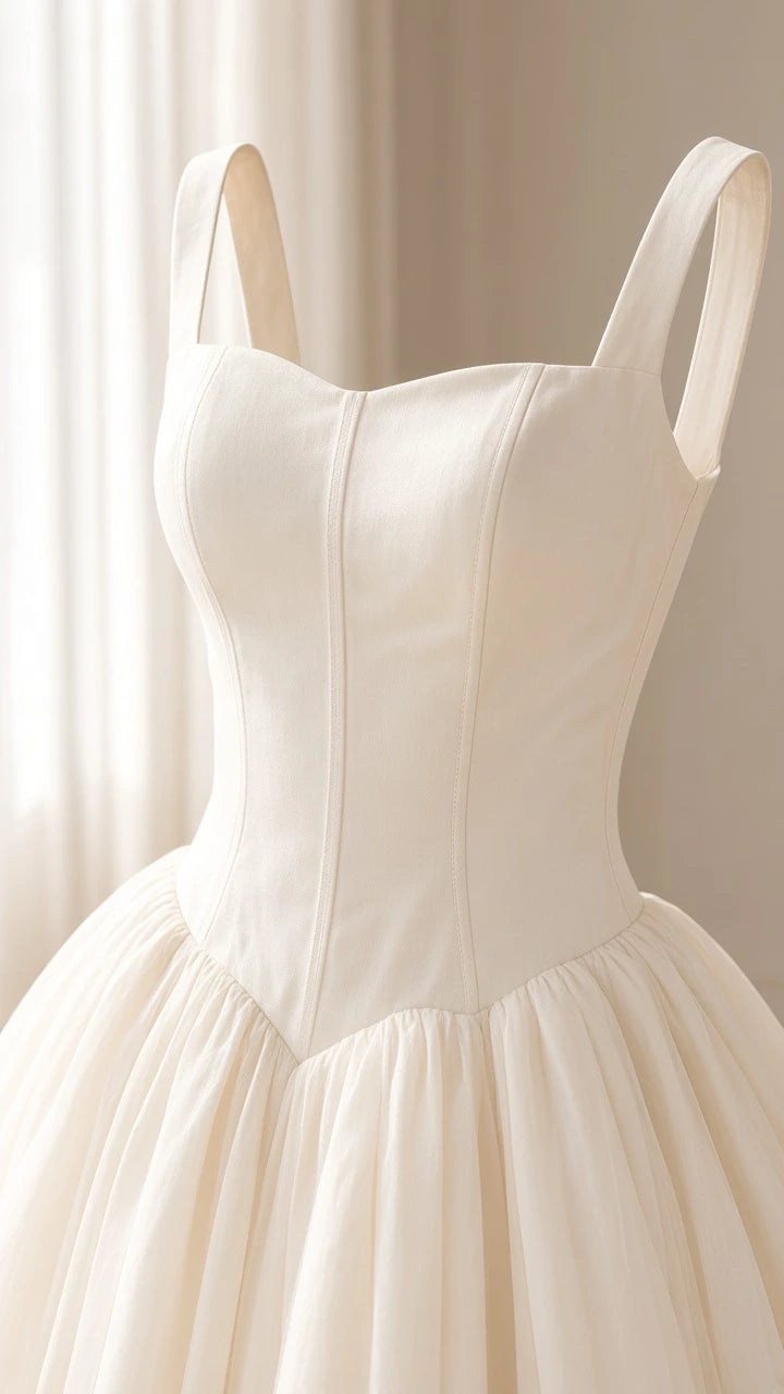 Close-up detail of the ivory panelled corset bodice and basque waistline