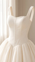 Close-up detail of the ivory panelled corset bodice and basque waistline