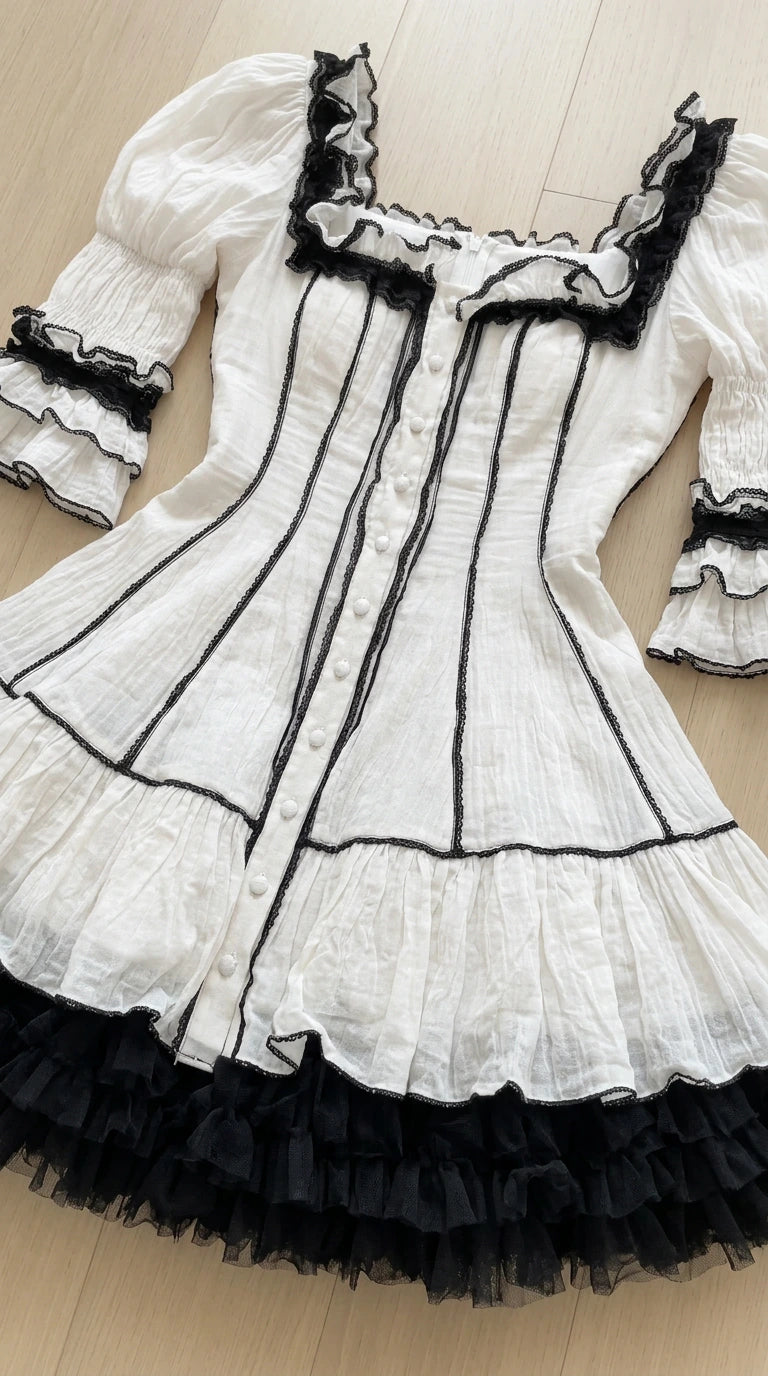 Flat lay close-up of white Gothic mini dress showing lace square neckline and textured fabric