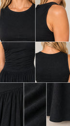 Close-up detail shots showing neckline, armholes, ruched midsection, and fabric texture of the black maxi dress