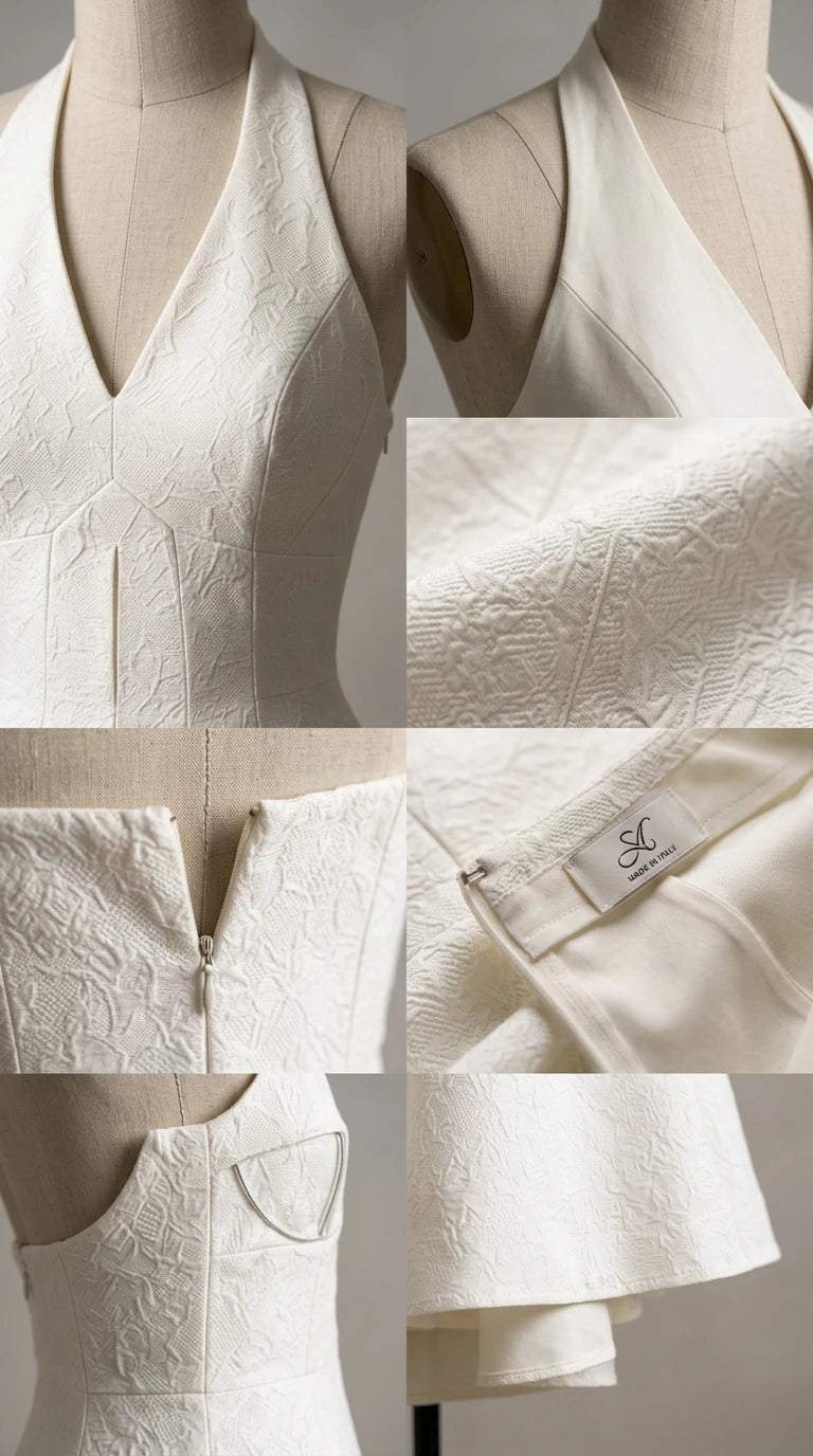Detailed close-up collage of white jacquard fabric, halter neckline, and zipper seam