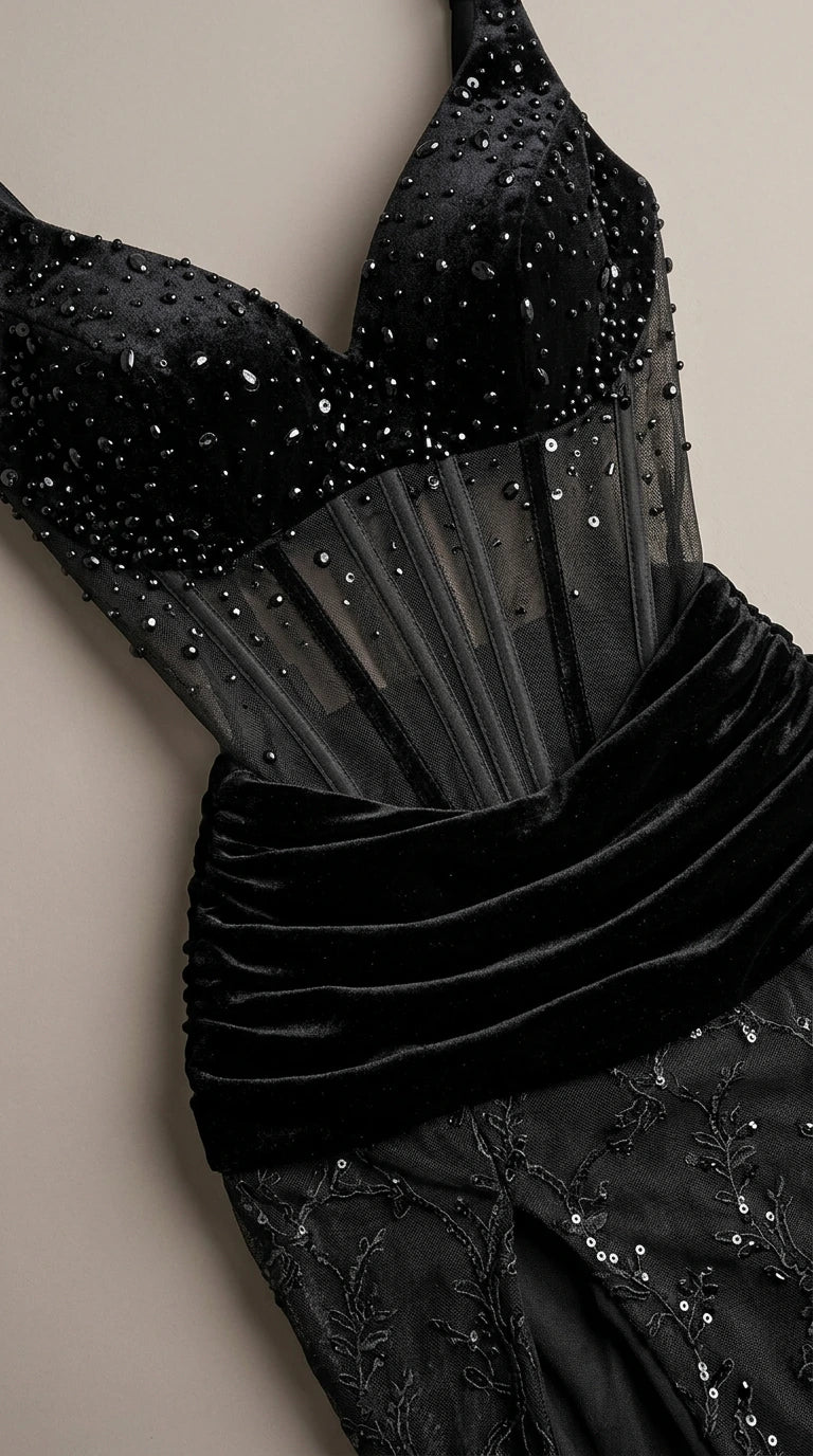 Close-up detail of sheer boned corset bodice and draped velvet waistline on black gown