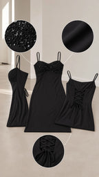 Close-up detail collage showing the sequin bust embellishment, smooth fabric texture, and lace-up back closure