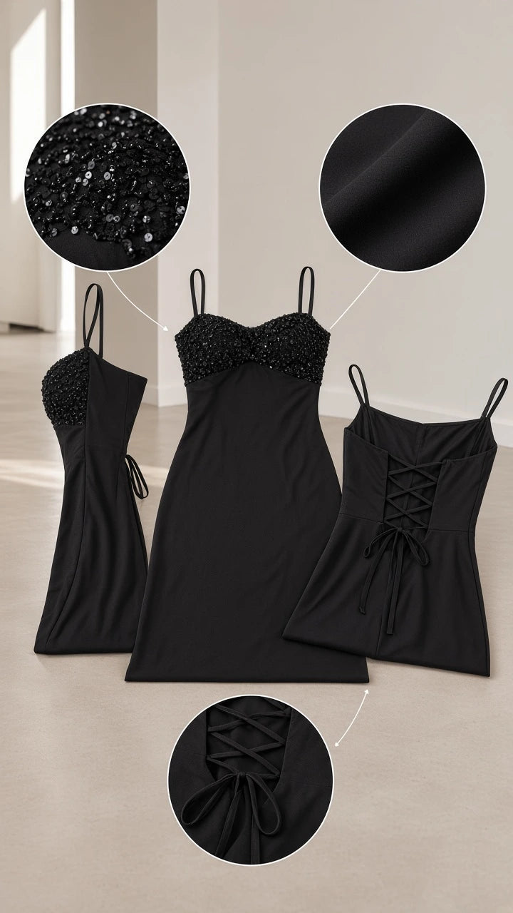Close-up detail collage showing the sequin bust embellishment, smooth fabric texture, and lace-up back closure