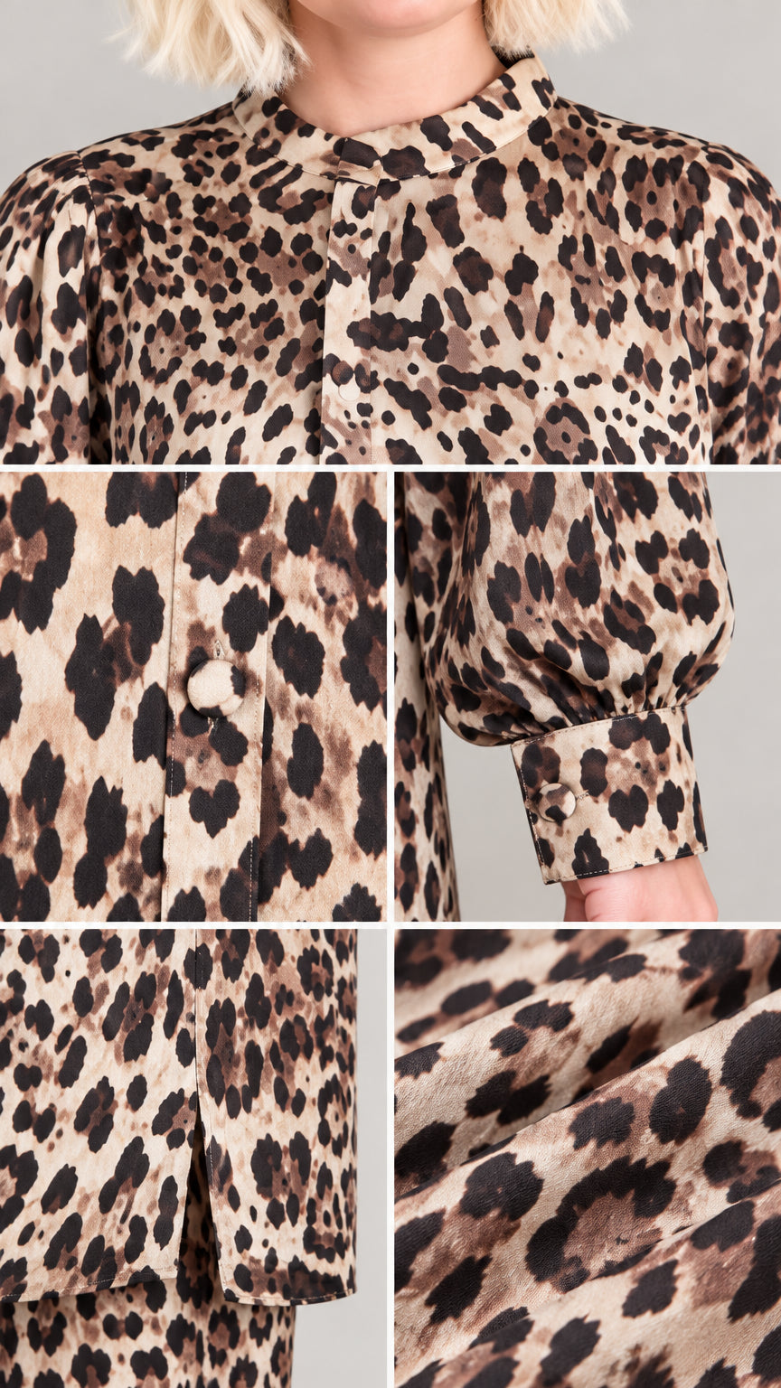 Close-up details of collar, placket, cuffed balloon sleeves, and leopard print fabric texture