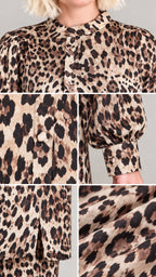 Close-up details of collar, placket, cuffed balloon sleeves, and leopard print fabric texture