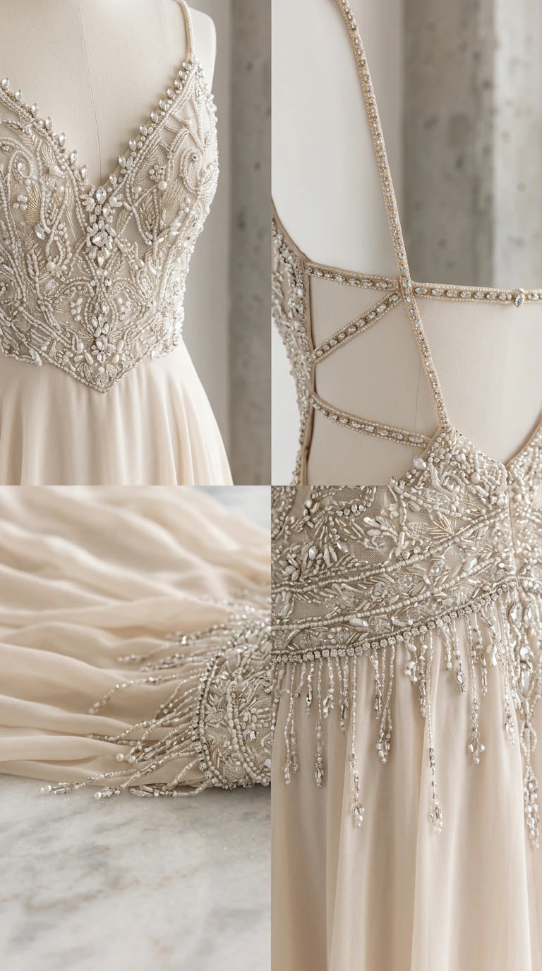 Close-up details of beaded embroidery, bodice trim, and strappy back construction
