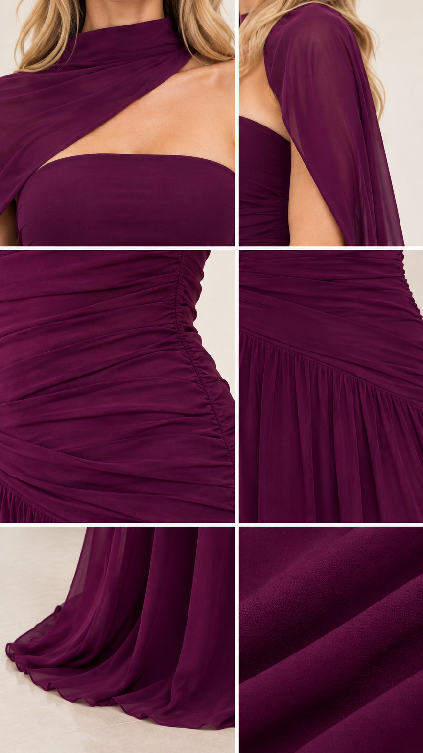 Close-up details of neckline cutout, ruched waist, and fine chiffon fabric texture