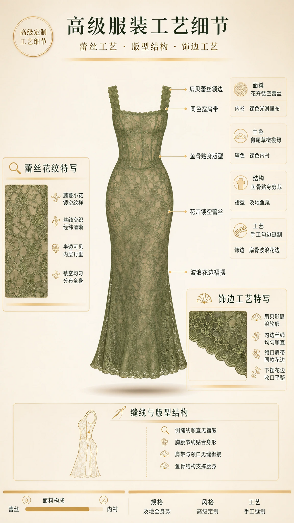 Detailed product graphic illustrating floral lace construction and corset seaming details