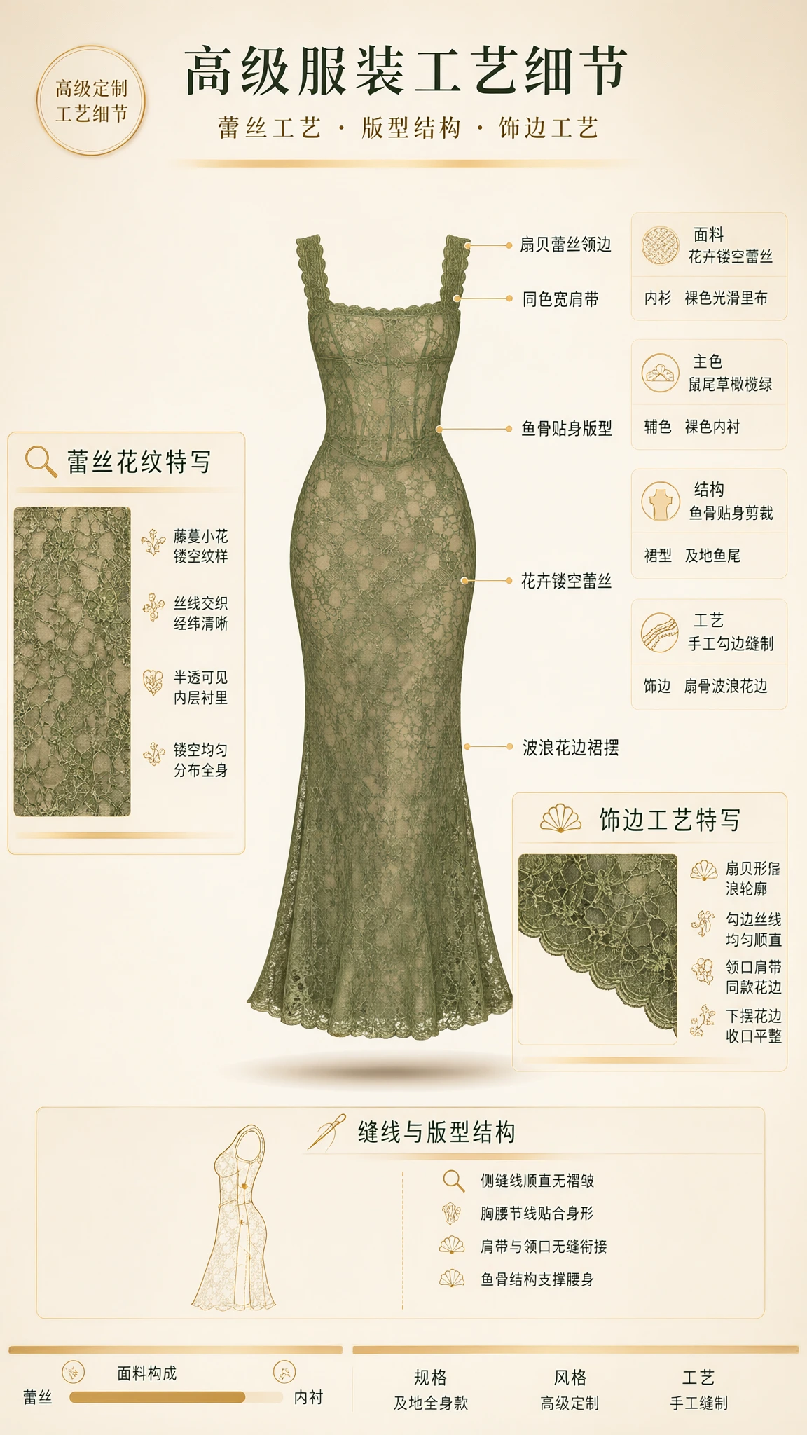 Detailed product graphic illustrating floral lace construction and corset seaming details