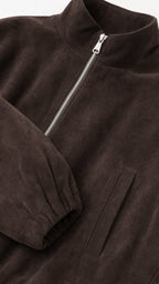 Close-up detail of dark brown fleece texture, metal zipper, and elastic cuff
