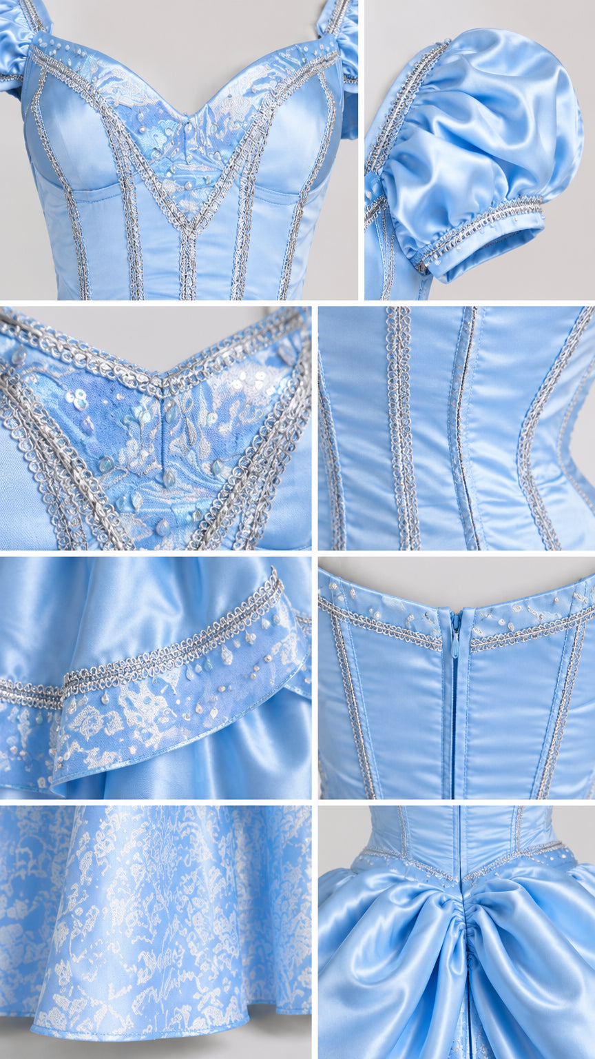 Detailed collage of light blue gown showing sweetheart neckline, puff sleeves, boning, and trim