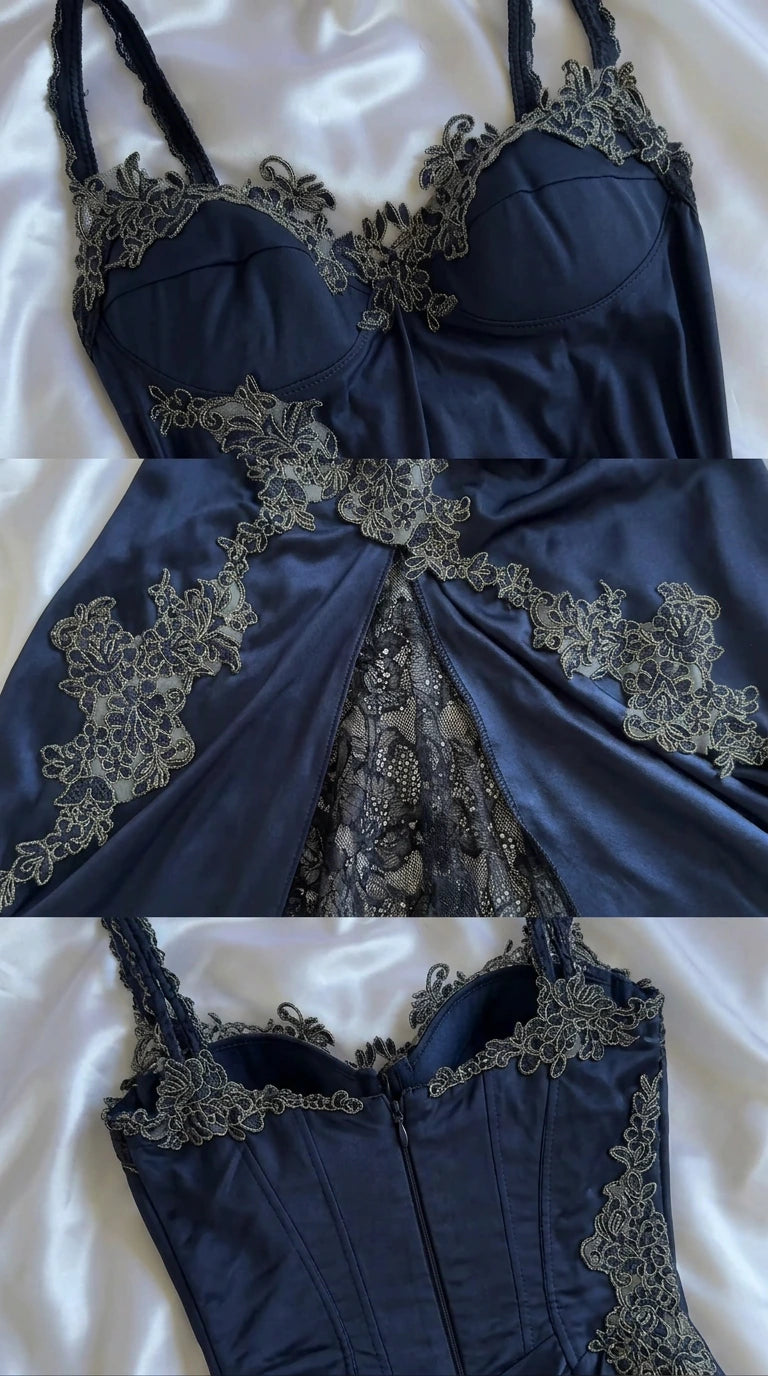 Close-up details of sweetheart bodice, lace applique, and back zipper on navy gown