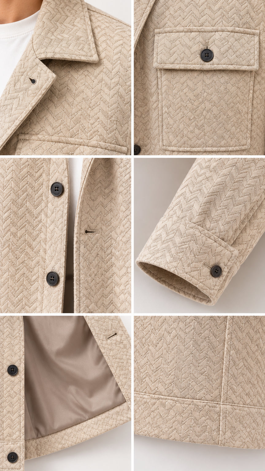 Close-up details of collar, chest flap pocket, buttons, cuffs, and smooth lining