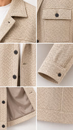 Close-up details of collar, chest flap pocket, buttons, cuffs, and smooth lining