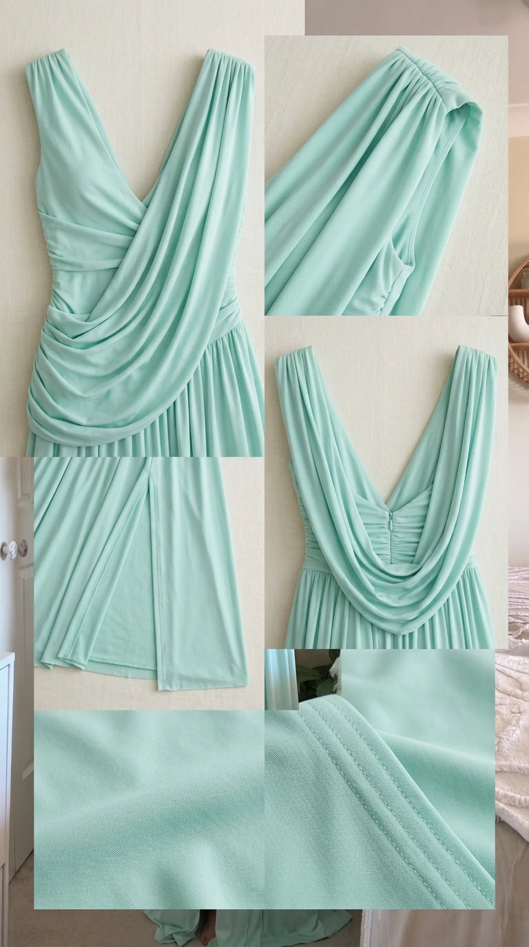 Detailed flat lay shots of mint green draped gown showing neckline, open back, hem, and seams