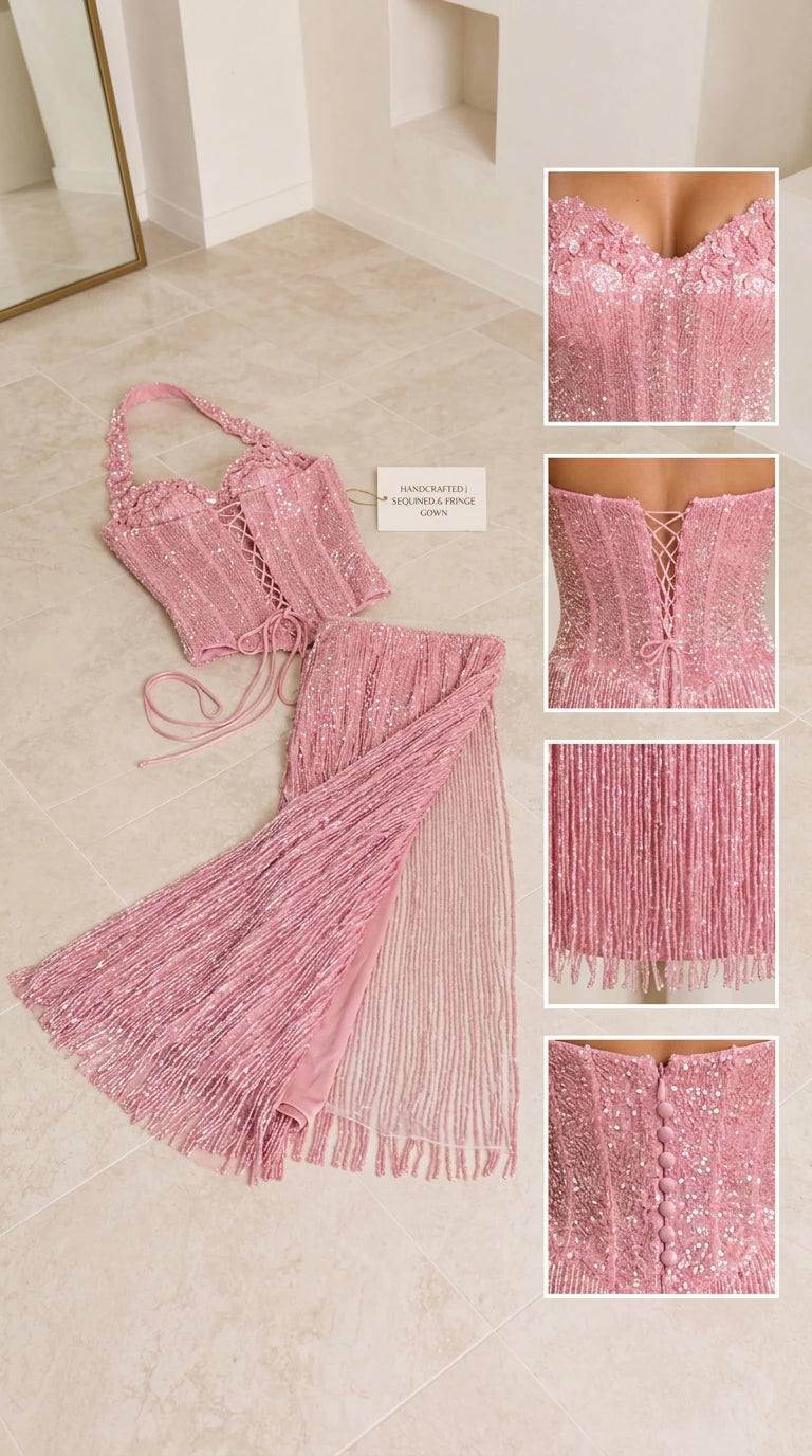 Flat lay and close-up detail photos showing beaded embroidery, boning, and lace-up back