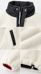 Close-up details of fleece jacket showing zipper stand collar, welt pocket trim, sleeve cuff, and toggle hem