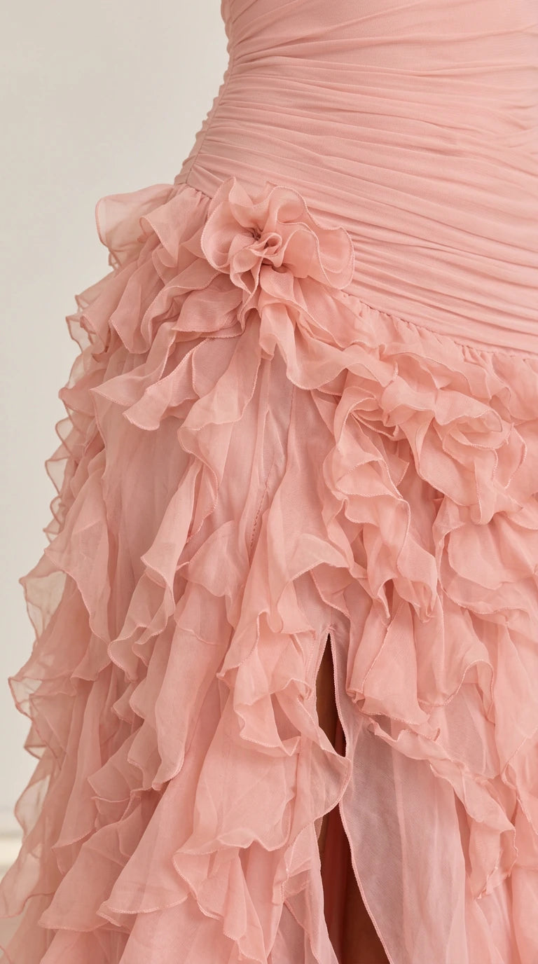 Close-up detail of tiered ruffles, leg slit, and gathered bodice on dusty pink gown