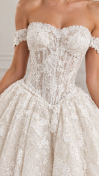 Close-up detail of sheer floral lace corset bodice with visible vertical boning