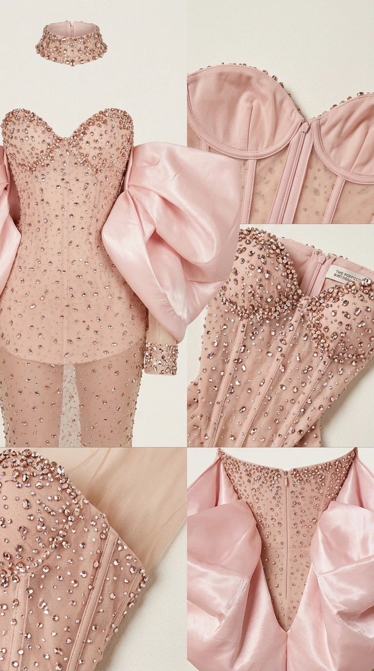 Close-up details of Blush Pink corset structure, rhinestone embellishments, boning, and matching choker