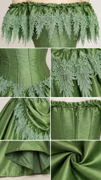 Close-up details of corset boning, fringed lace trim, zip closure, and skirt hem
