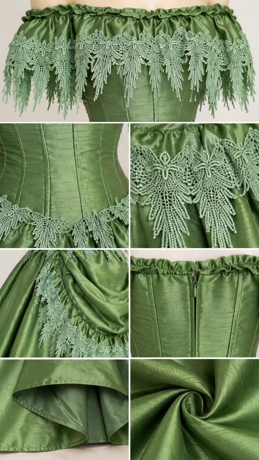 Close-up details of corset boning, fringed lace trim, zip closure, and skirt hem