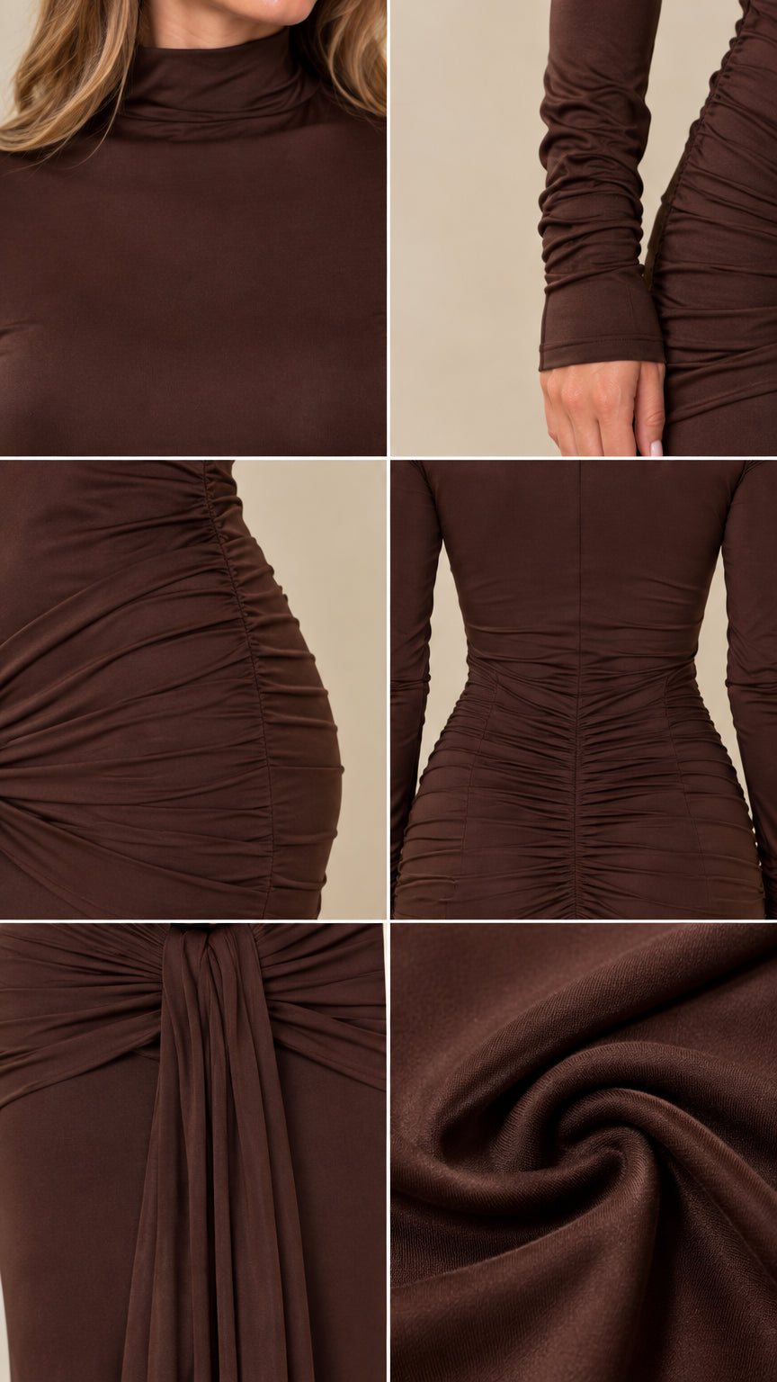 Detailed close-ups of mock neck, gathered sleeves, ruched fabric, and draped front