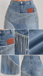 Close-up details of denim fabric, waistband patch, button closure, and crystal rhinestone fringe