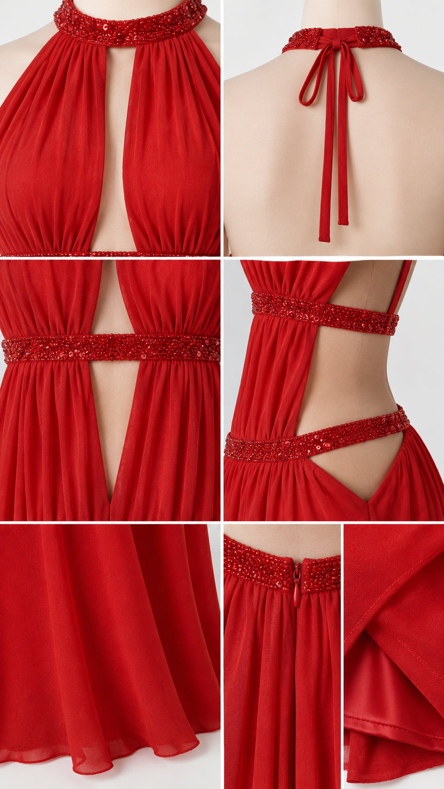 Close-up details of beaded halter neck, cutout waist bands, and concealed zipper of red evening dress