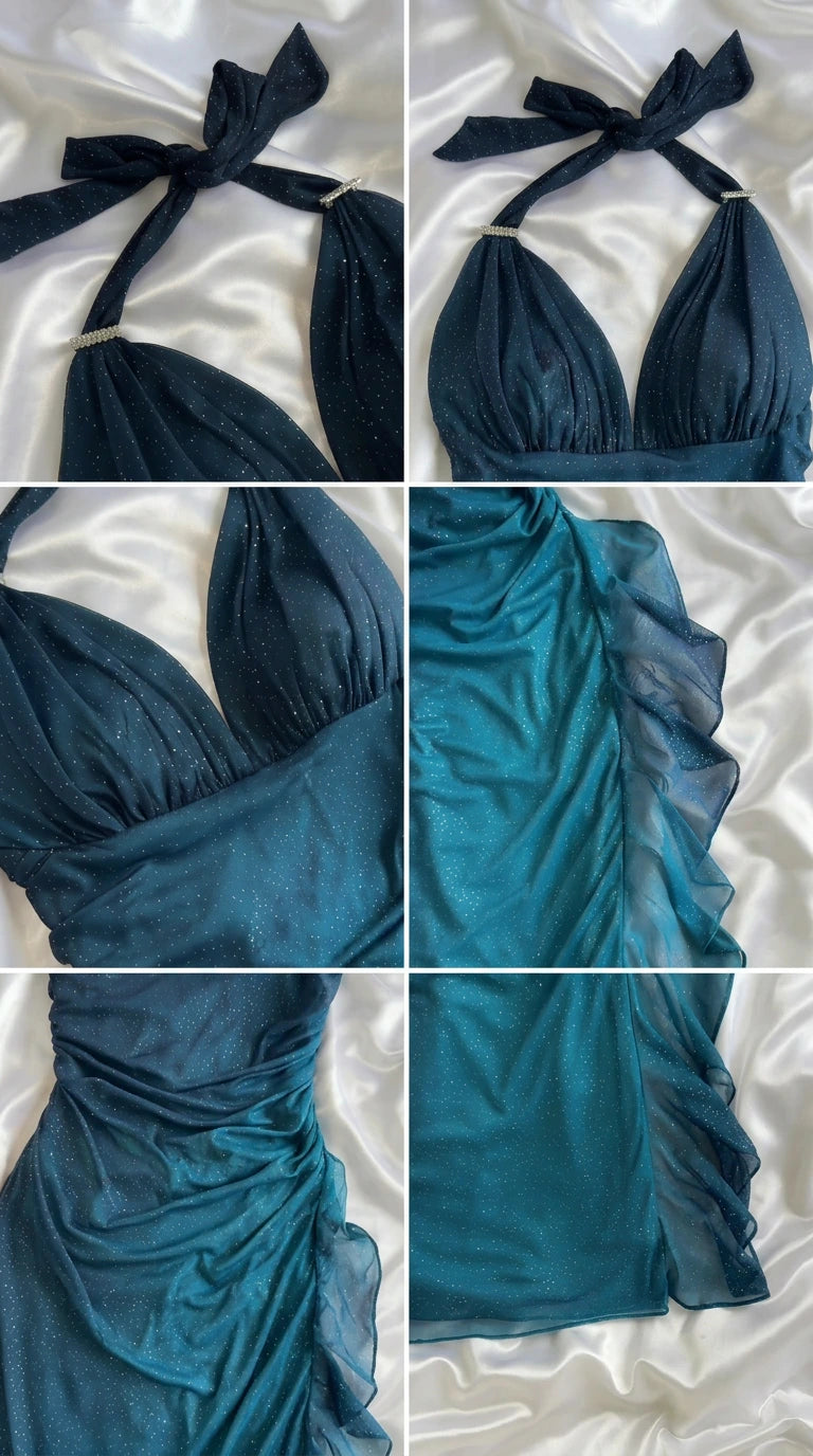 Close-up collage of teal shimmer gown details including halter tie and side ruffles