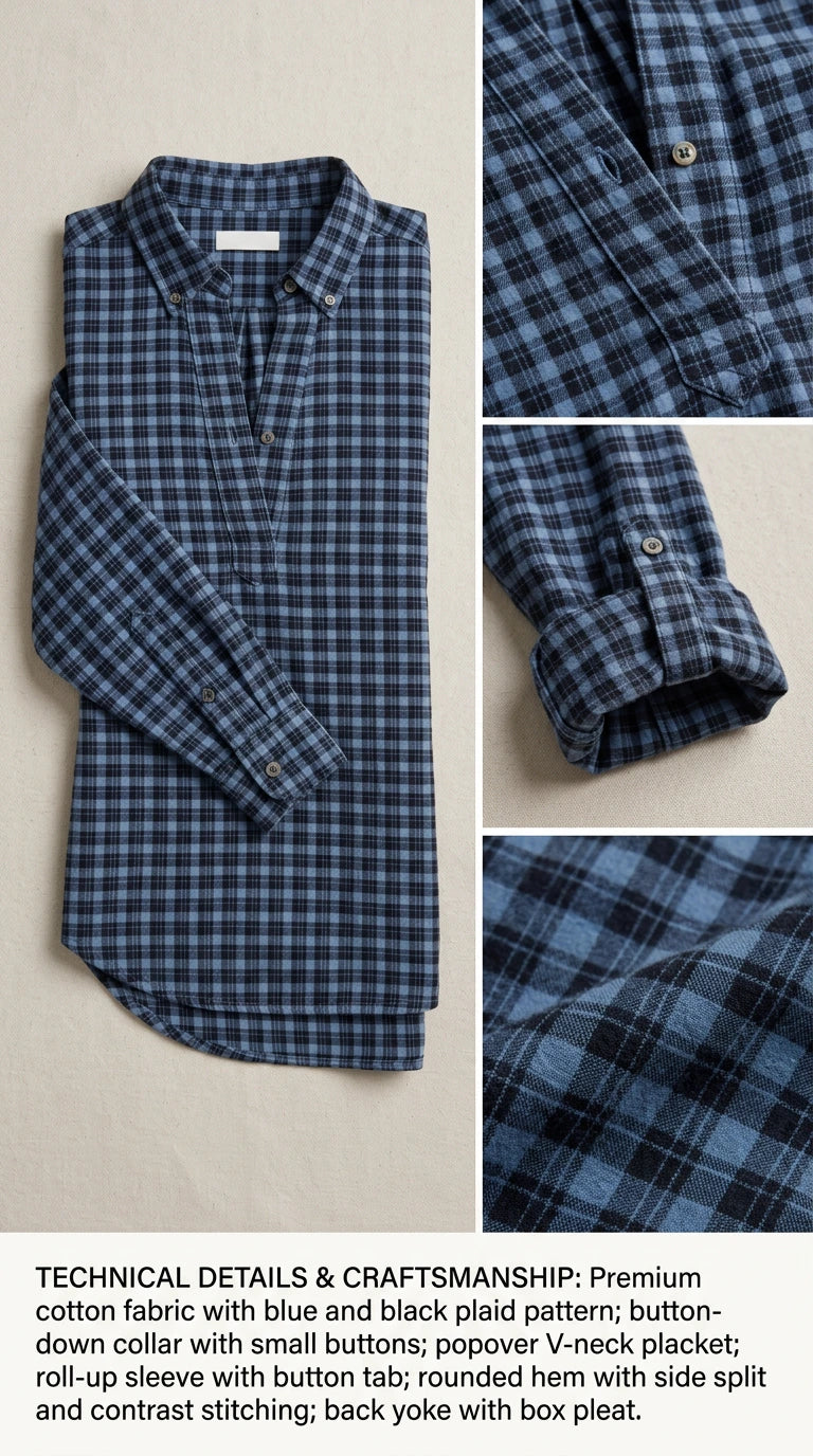 Flat lay and technical details of blue plaid button popover blouse