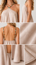 Detailed close-ups of beaded halter neckline, back cutout, hem, and fabric texture
