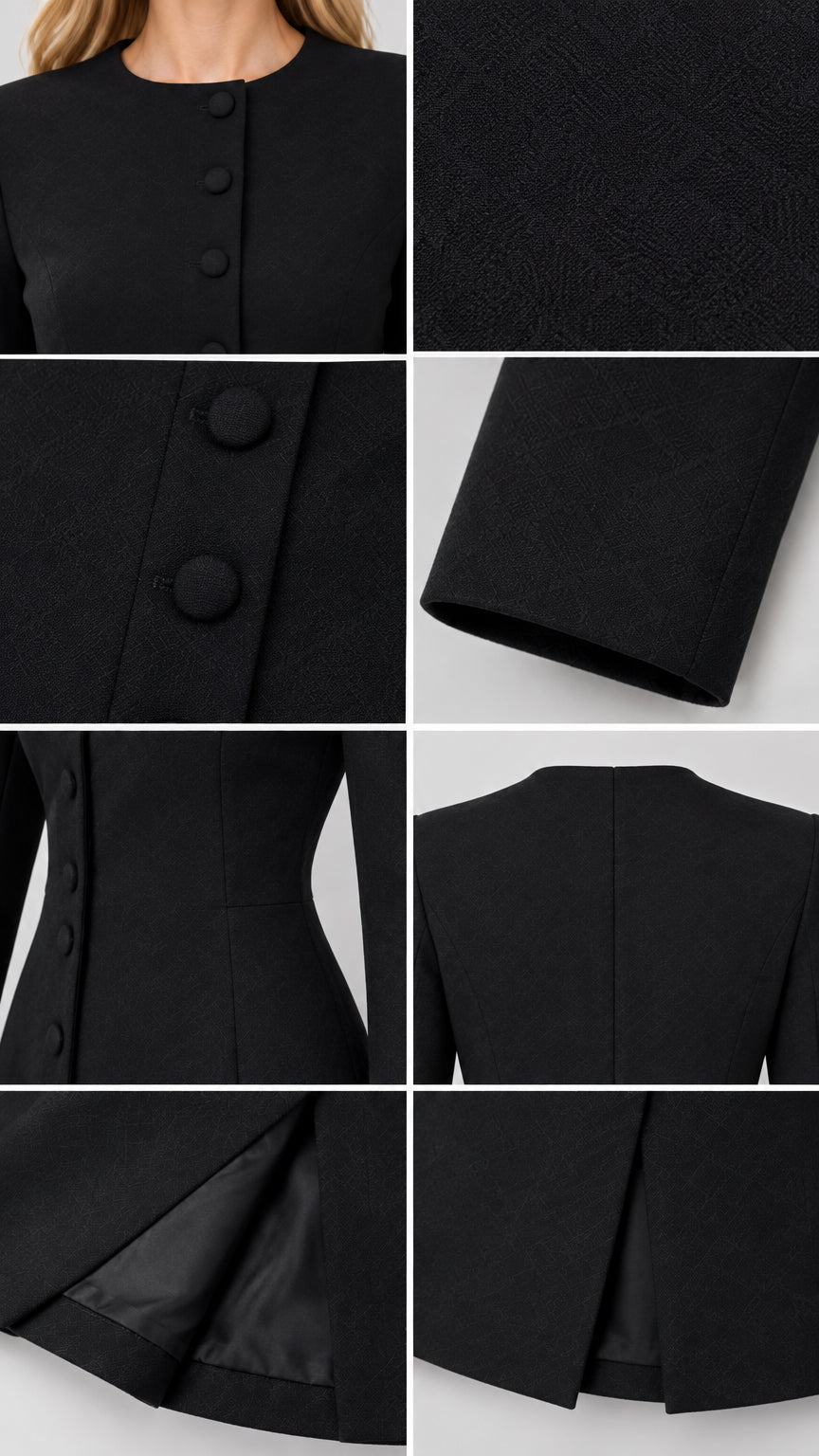 Close-up detail collage of black tailored dress showing fabric texture, covered buttons, neckline, and lining