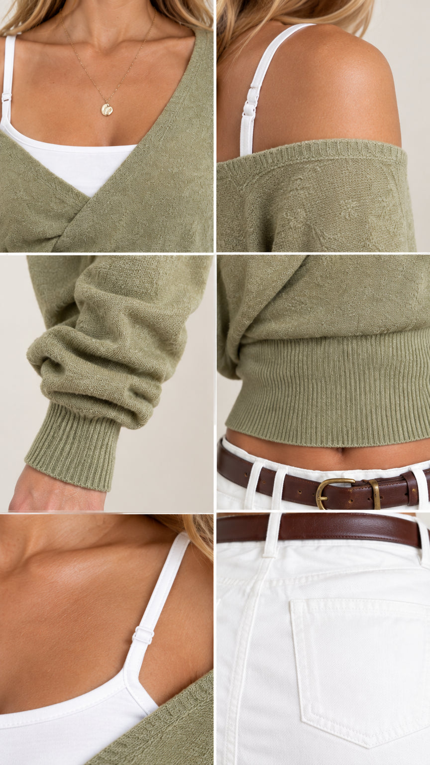 Close-up details of sage green crossover knit texture, ribbed hem, cuffs, and strap details