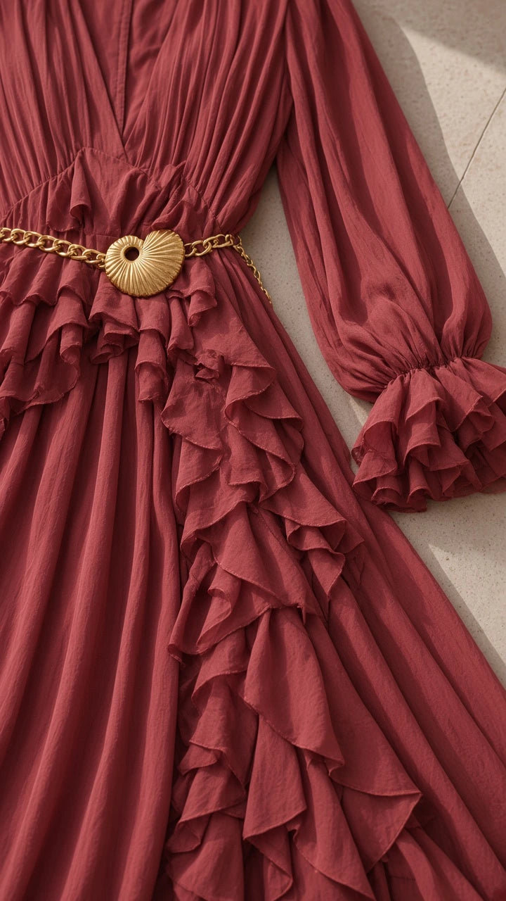 Close-up detail of rust red pleated bodice, plunging neckline, gold shell belt, and ruffle tiers
