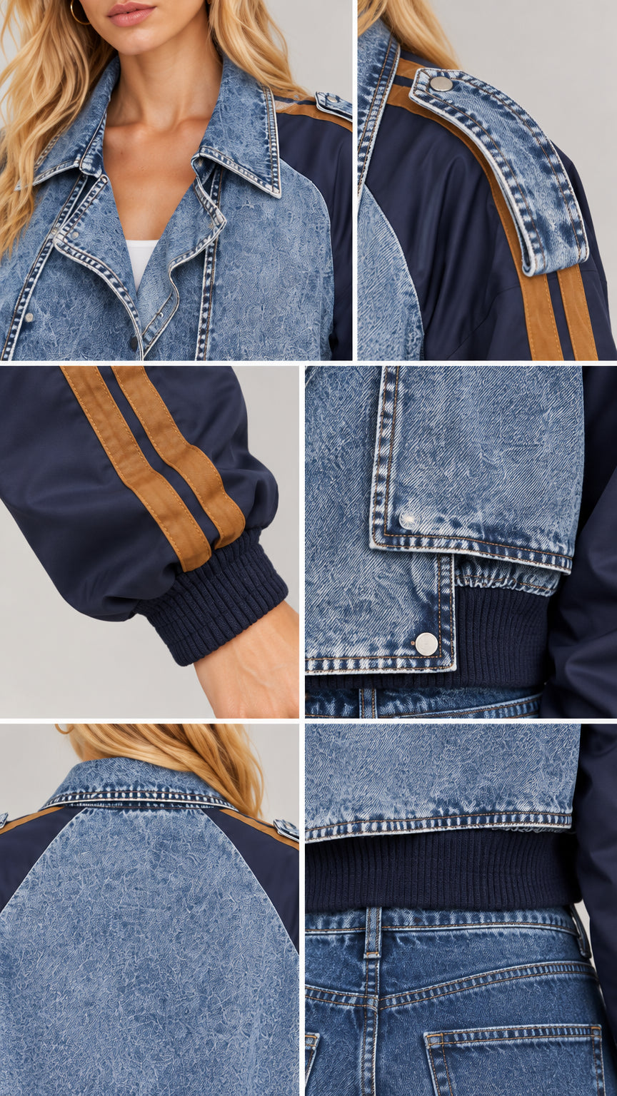 Detailed close-up views of collar, striped raglan sleeve, ribbed cuff, and pocket construction